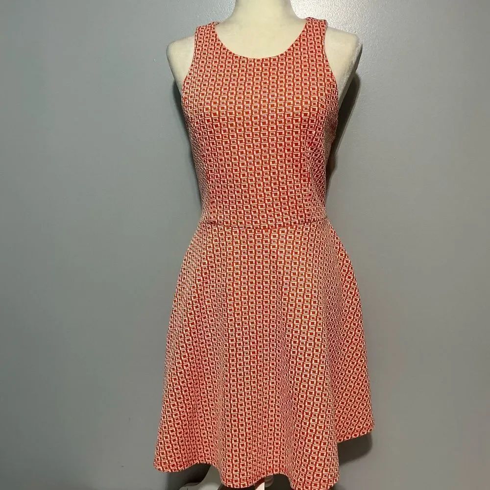 Finn & Clover Womens Dress Orange White Geometric Sleeveless Knee Length size M